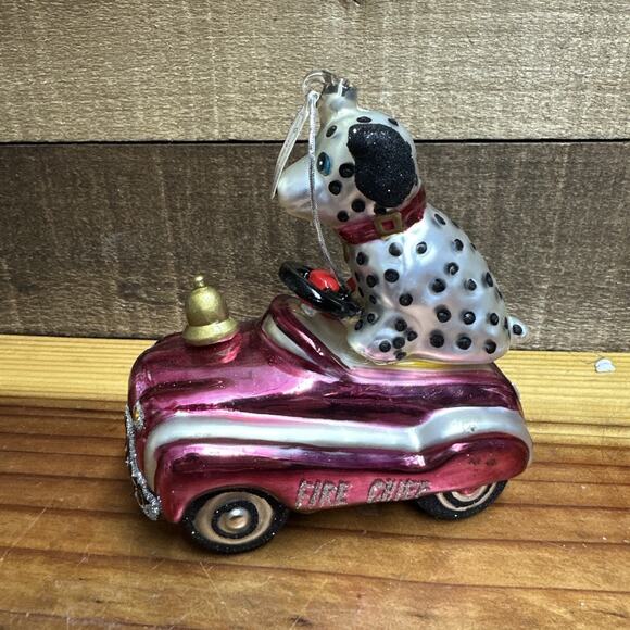 RARE Vintage 1998 Dalmatian Fire Chief Pedal Car Ornament Mercury Glass Dept 56 - Picture 1 of 5